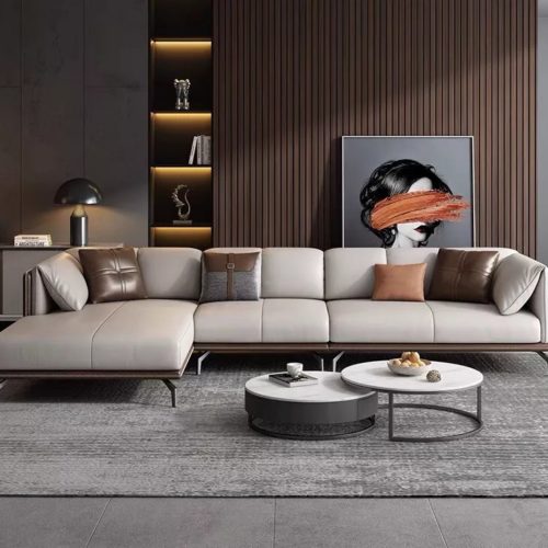 Sofa góc HHG 04 dạng chữ L, chất liệu da thật cao cấp, màu be – nâu trung tính, thiết kế hiện đại, sản xuất tại xưởng Sofa Huy Hoàng Hà Nội.