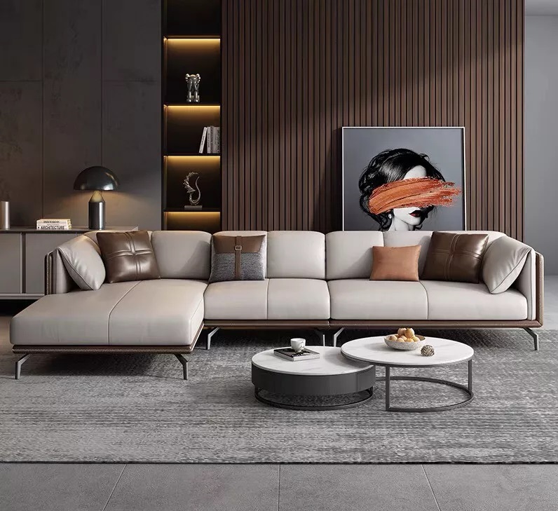 Sofa góc HHG 04 dạng chữ L, chất liệu da thật cao cấp, màu be – nâu trung tính, thiết kế hiện đại, sản xuất tại xưởng Sofa Huy Hoàng Hà Nội.