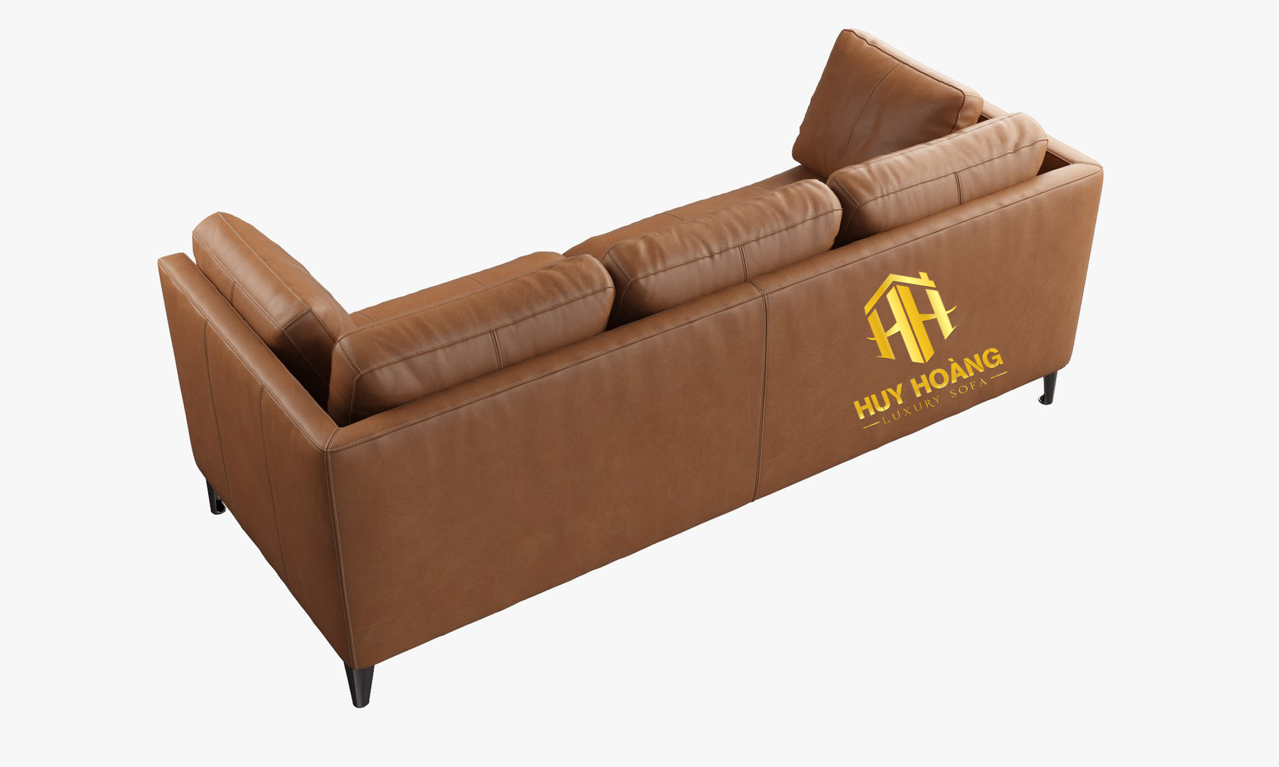 Mặt sau sofa văng HHV 04 với logo Huy Hoàng, thiết kế kín lưng, khung gỗ chắc chắn.