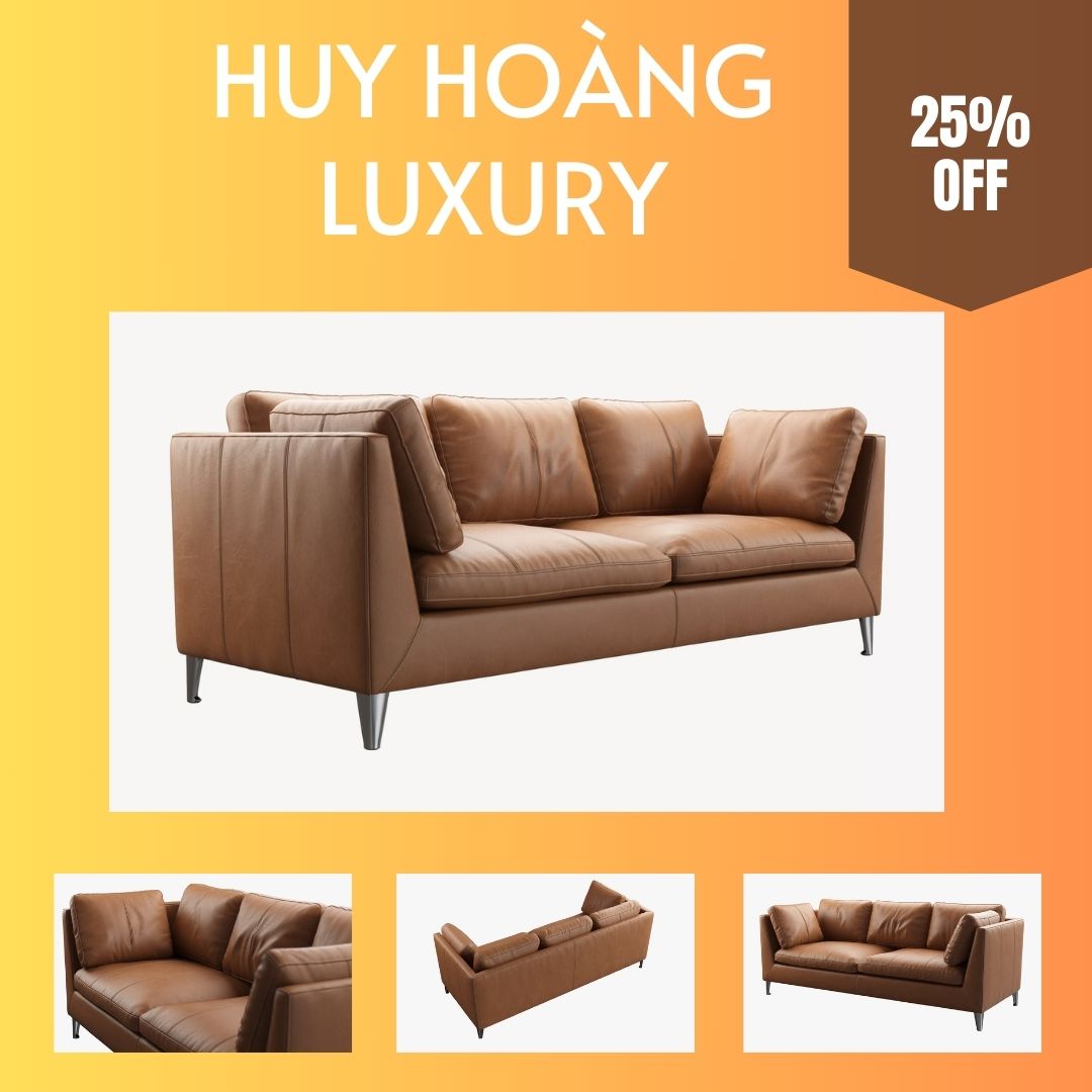 Bộ phối cảnh sofa văng HHV 04 với 4 góc nhìn, poster ưu đãi 25%, thương hiệu Huy Hoàng Luxury Sofa.