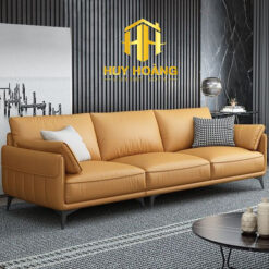 Sofa văng da bò màu vàng nghệ hiện đại, thiết kế tối giản, sản phẩm nội thất từ xưởng Sofa Huy Hoàng.