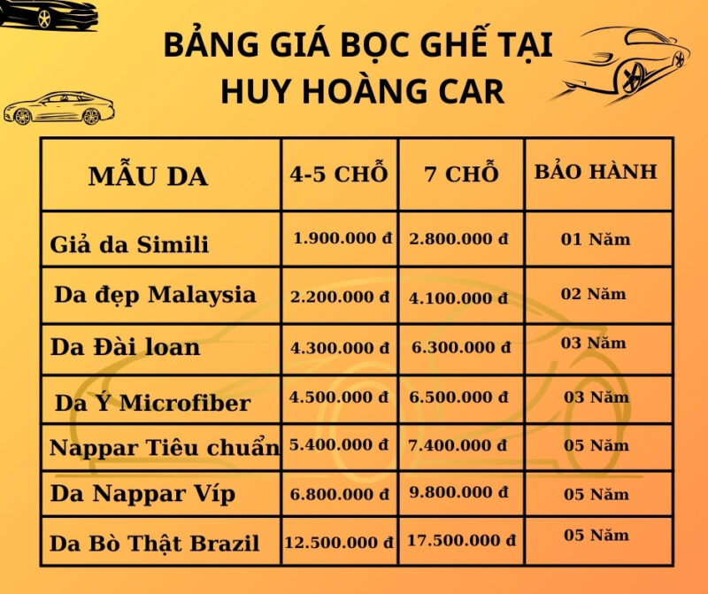 Bảng giá dịch vụ bọc ghế ô tô