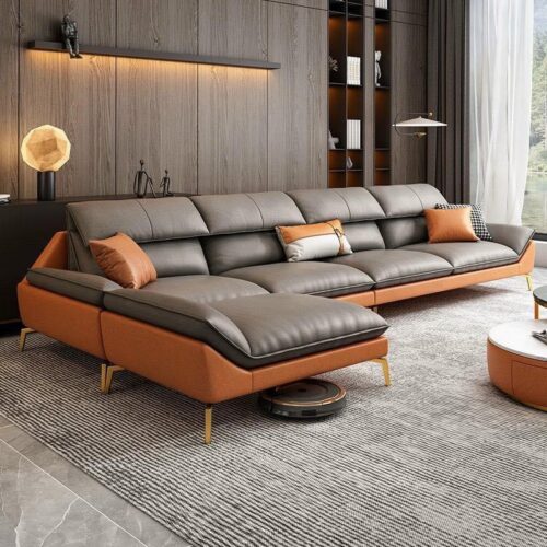 Sofa chữ L HHV 05 bọc da cao cấp màu xám cam, thiết kế hiện đại sang trọng trong phòng khách, sản xuất tại Xưởng Sofa Huy Hoàng – 625 Tam Trinh, Yên Sở, Hoàng Mai, Hà Nội.