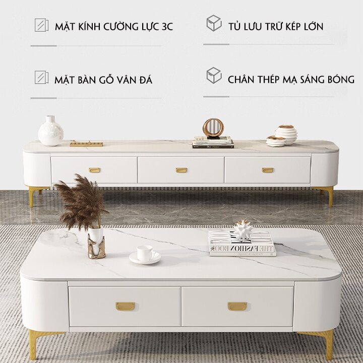 Bàn Trà Sofa Mặt Kính Cường Lực Vân Đá HH04