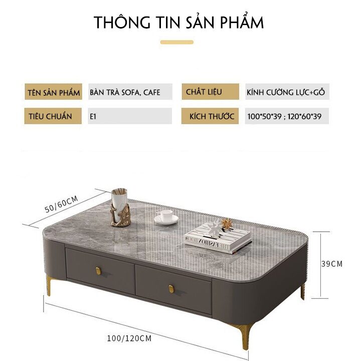 Bàn Trà Sofa Mặt Kính Cường Lực Vân Đá HH04