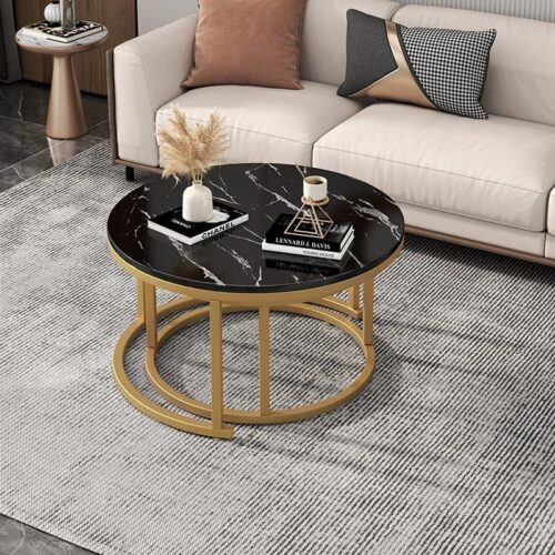 Bàn trà mặt đá tròn HH24 với mặt đá đen vân trắng sang trọng, khung kim loại mạ vàng chắc chắn, thiết kế hiện đại và tinh tế – sản phẩm đến từ xưởng sofa Huy Hoàng, 625 Tam Trinh, Yên Sở, Hoàng Mai, Hà Nội.