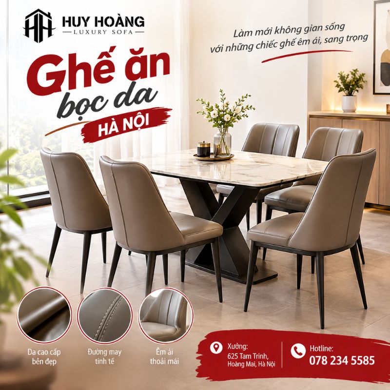Ghế ăn bọc da Hà Nội sang trọng, bền đẹp, phù hợp nhiều phong cách phòng ăn hiện đại.