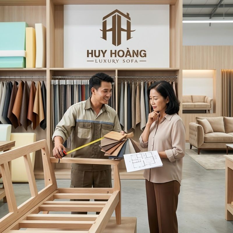 Quy trình sản xuất ghế sofa tại xưởng từ khâu lựa chọn chất liệu đến cắt may và bọc sofa tỉ mỉ.
